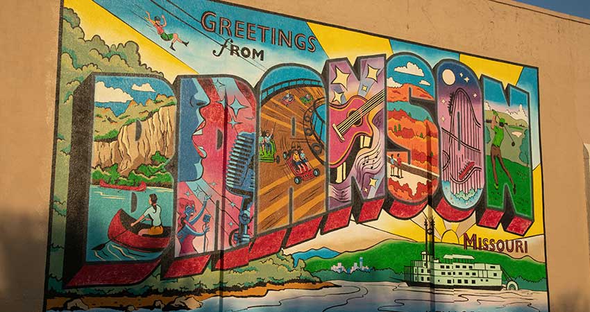 Greetings from Branson Missouri, Historic Downtown Branson mural.