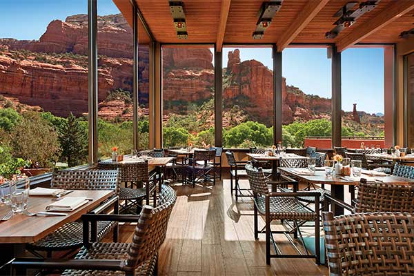 Patio view of Boynton Canyon at Enchantment Resort's Tii Gavo Restaurant, Sedona, AZ