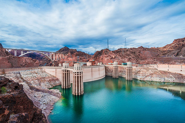 Mike O'Callaghan–Pat Tillman Memorial Bridge and Hoover  Dam overlooking Lake Mead.