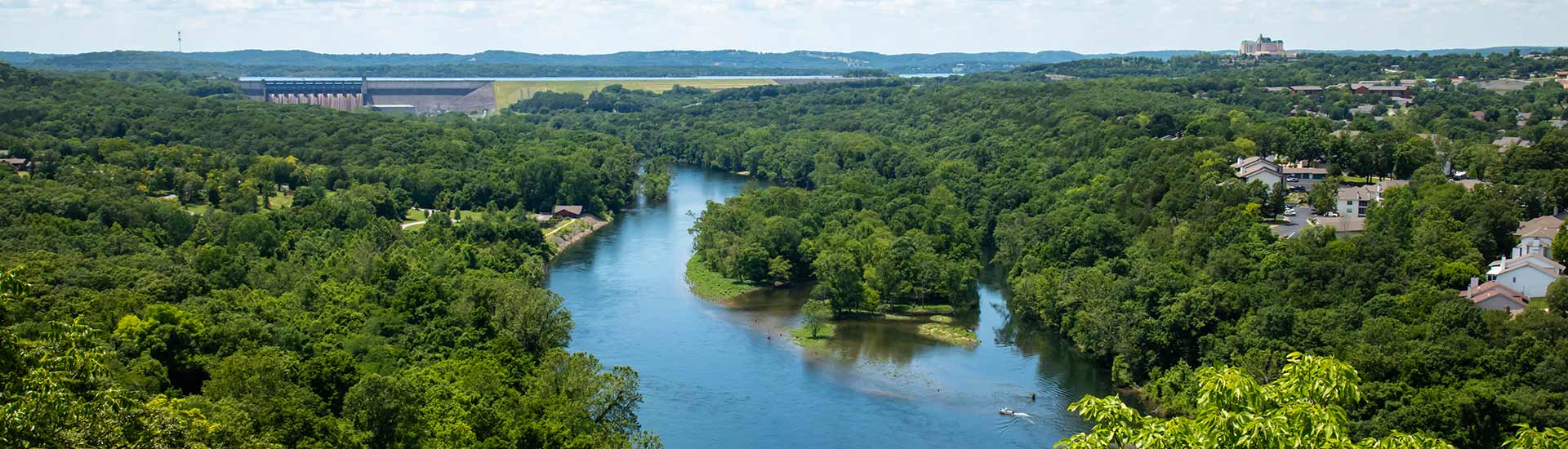 Panoramic view of Lake Taneycomo, Table Rock Dam and the Branson hills from the 165 Scenic Overlook, Branson, MO.