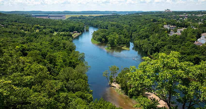 Summer view of Lake Taneycomo from the 165 Scenic Overlook,  Pink Jeep Tours' Downtown to Mountaintop Branson Tour.