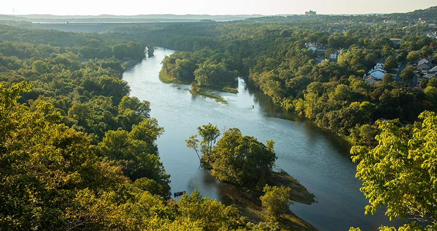 Bird's eye view of Lake Taneycomo and Table Rock Dam from the 165 Scenic Overlook in Branson, Missouri.