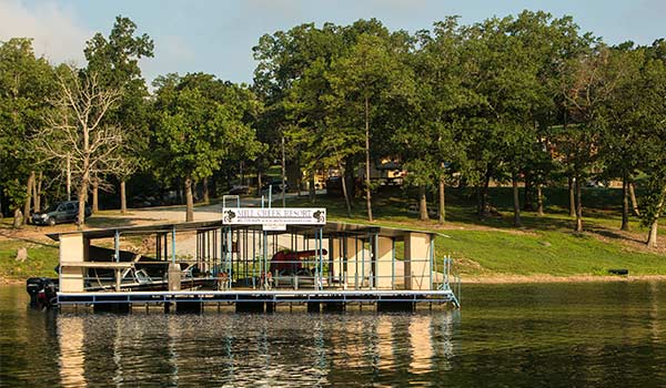 Shoreline view of Mill Creek Resort from the waters of Table Rock Lake in Branson, Missouri.